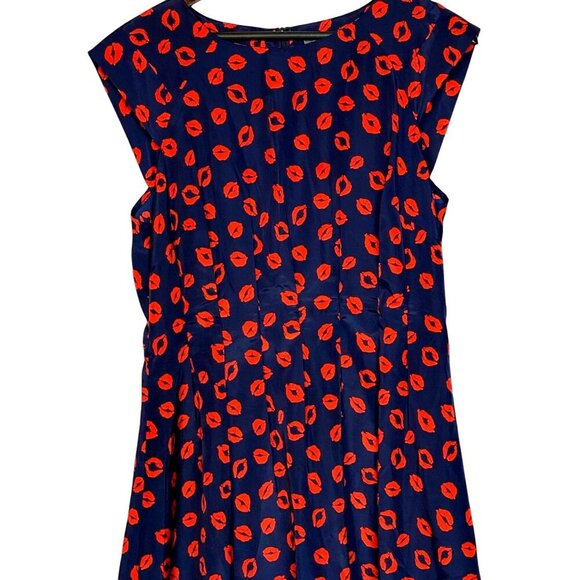 Neiman Marcus Navy Red Lips Kiss Print Cap Sleeve A-Line Mini Dress Size 14 - Picture 4 of 13